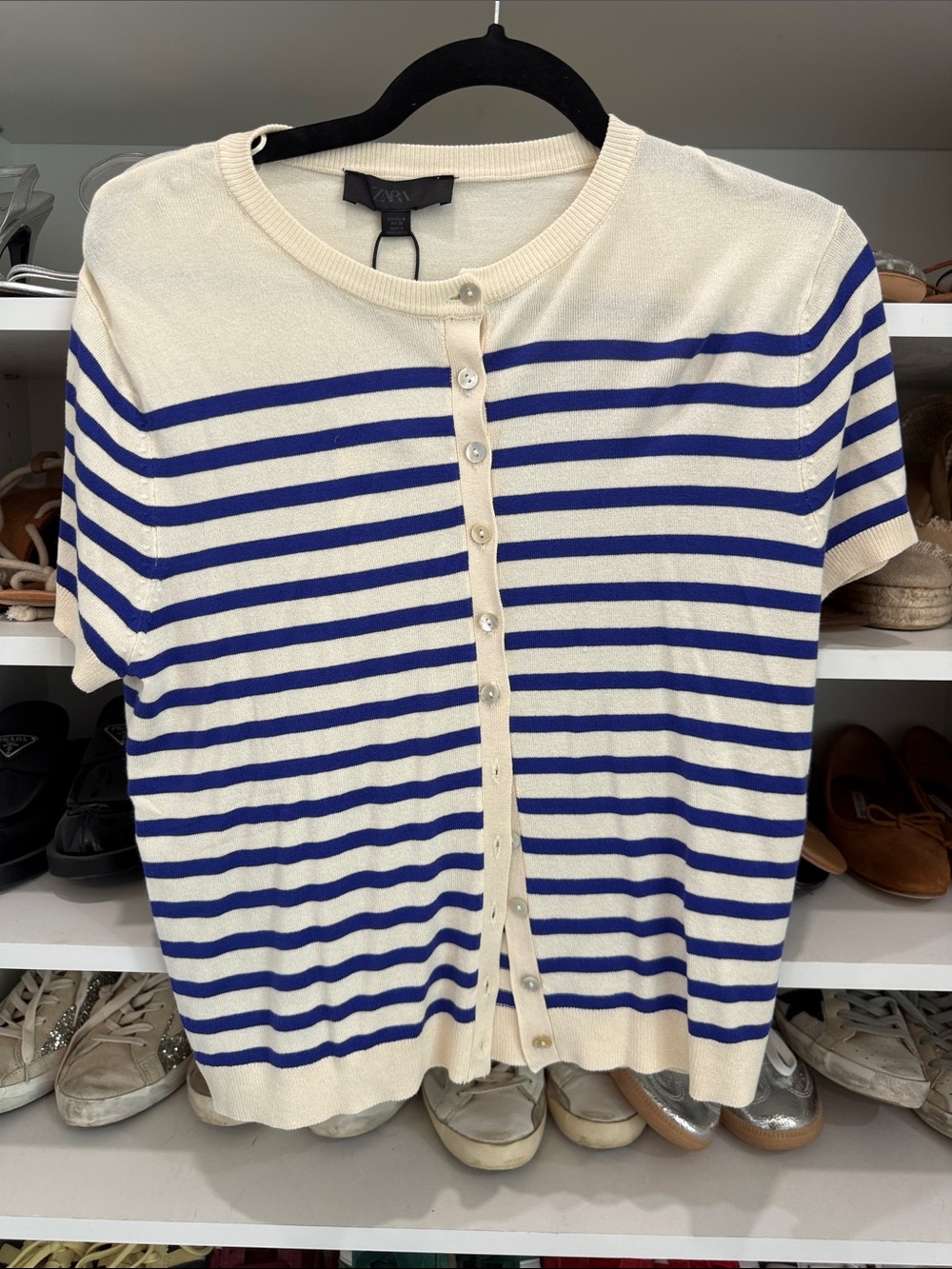 Zara Cream & Blue Striped Short-Sleeve Button Front Top